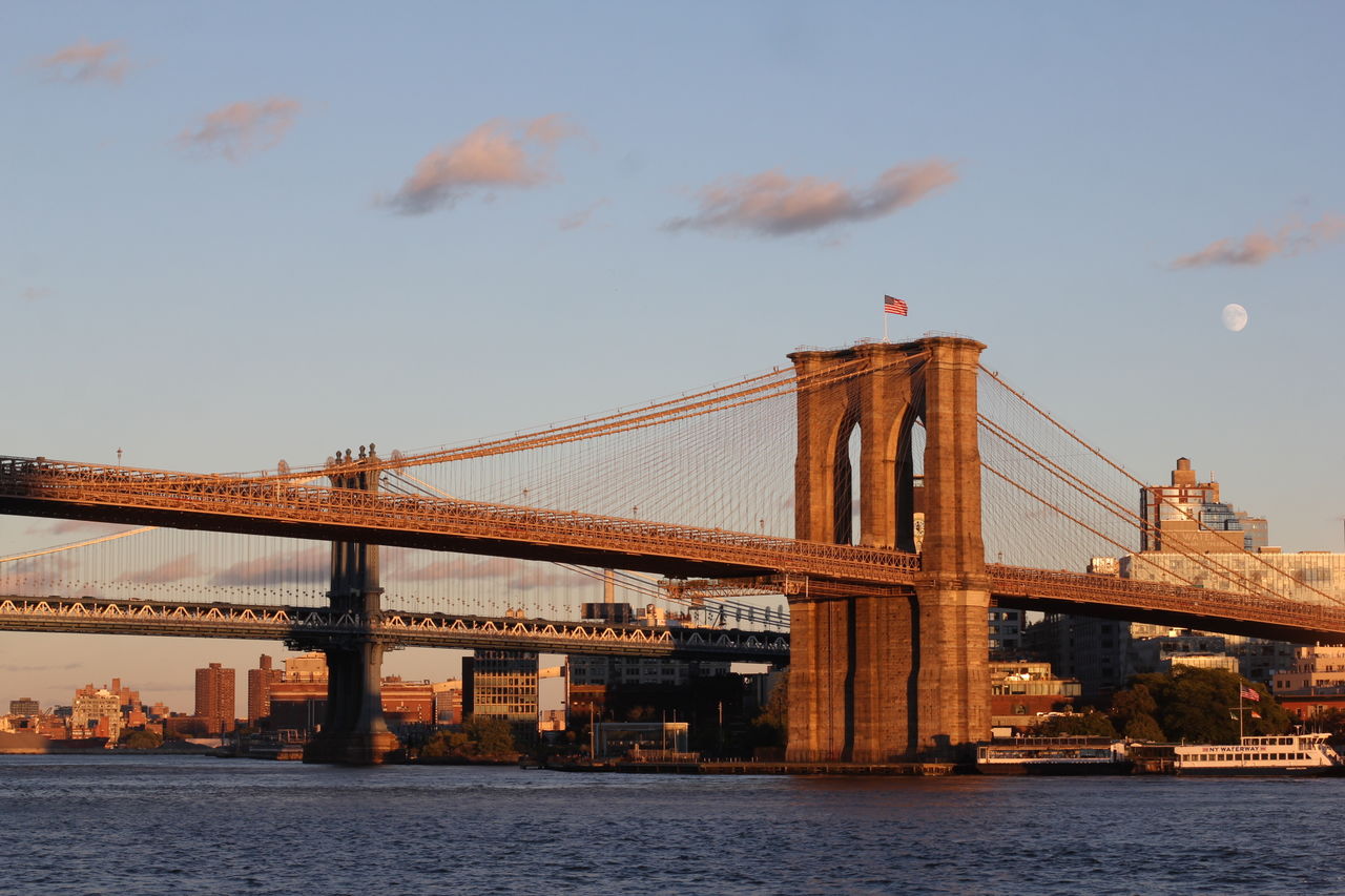 Bridge over river with buildings in background