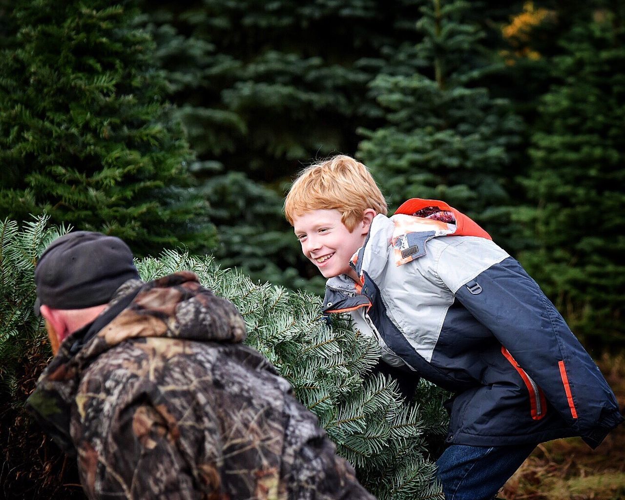 Smiling boy and man carrying fir tree in forest