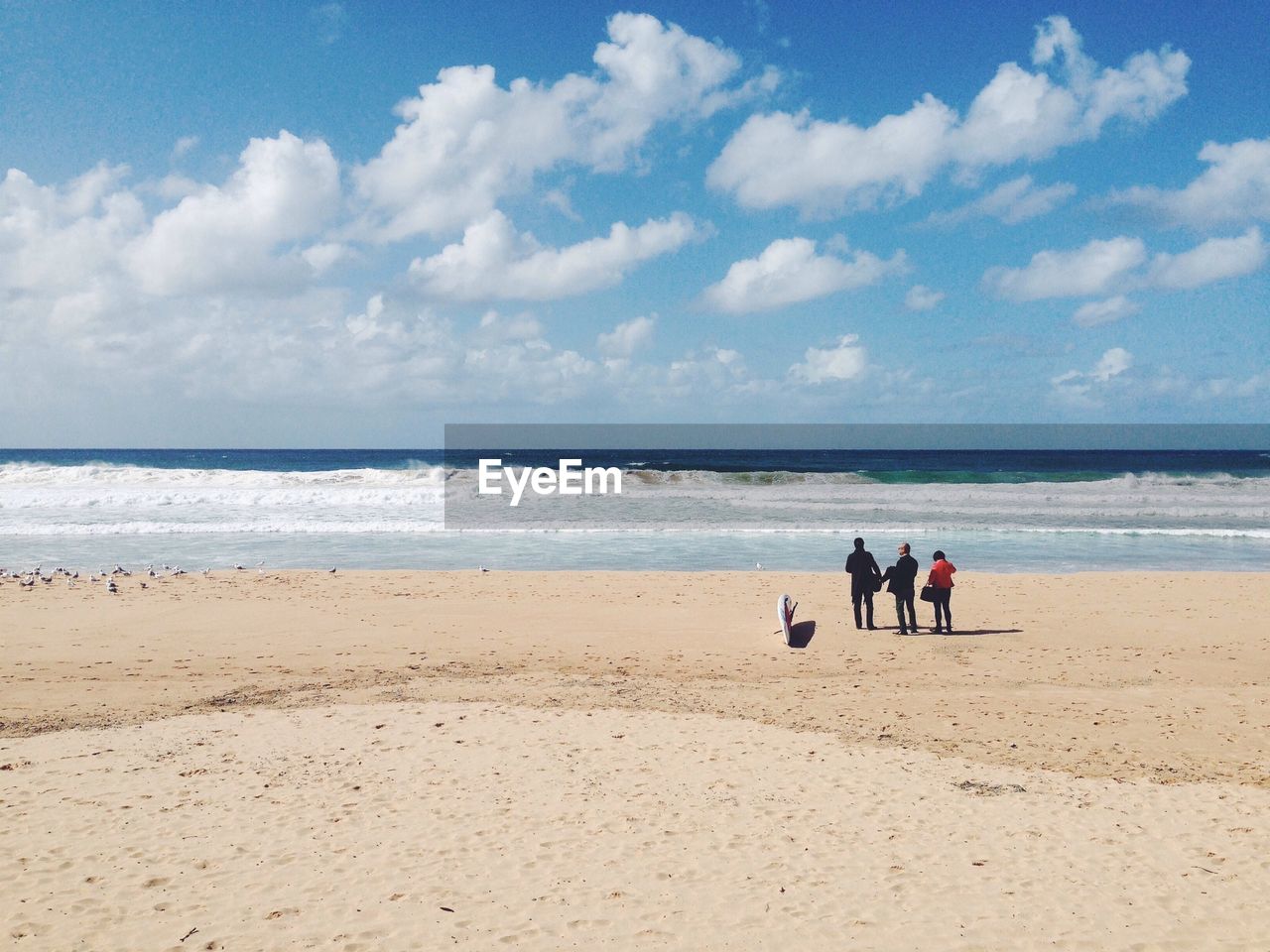 Rear view of people standing at beach