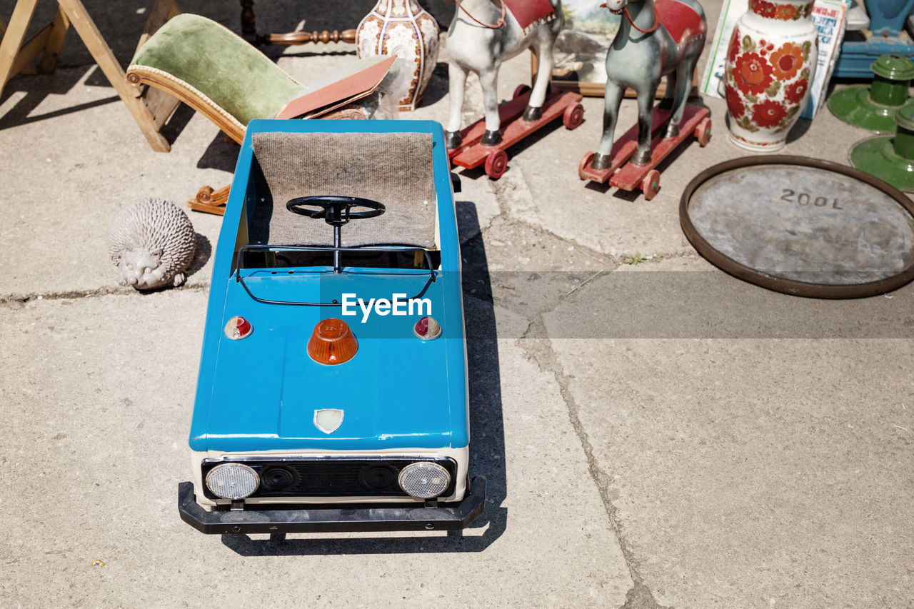 High angle view of toy car on road