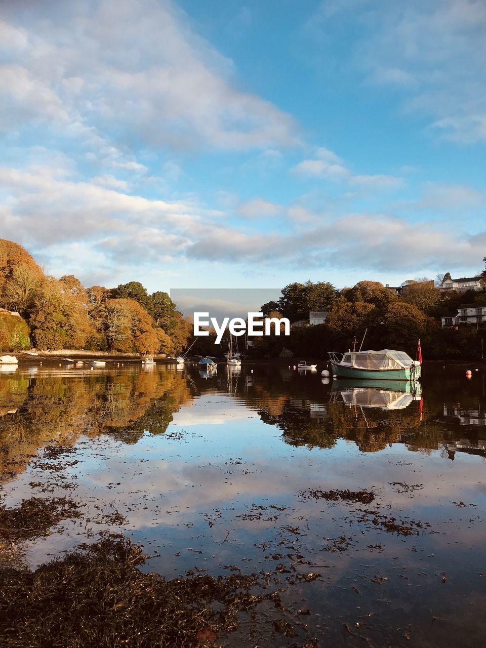 Blissful blue sky reflected in pill creek,an idyllic tidal inlet off carrick roads in cornwall.