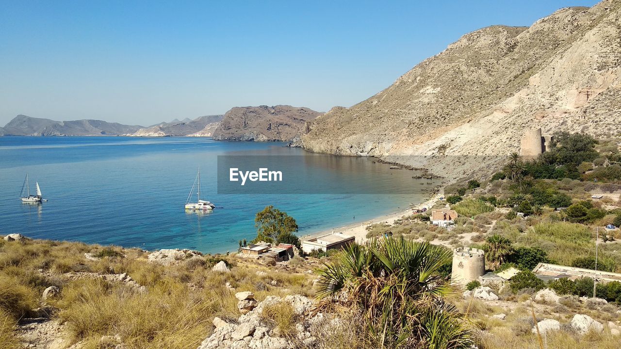 High angle view of sea against clear blue sky