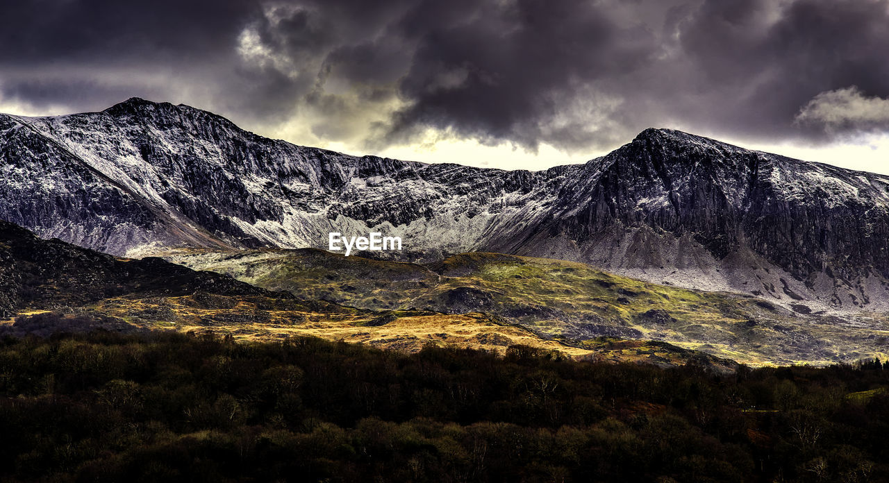 Scenic view of snow covered mountains against cloudy sky