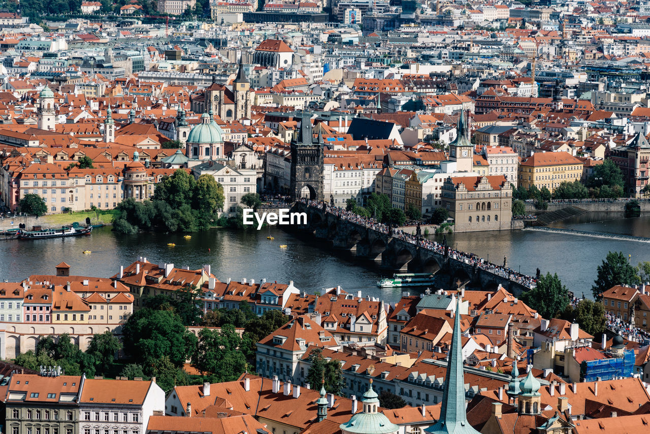 High angle view of city at river