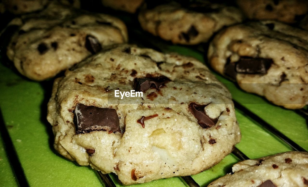 Close-up of chocolate chip cookies on table