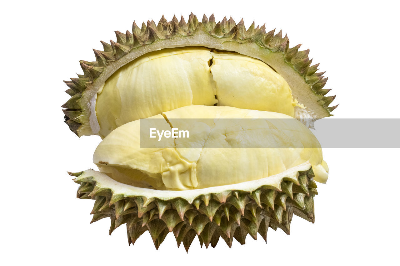 Isolated half cut durian on the white background.