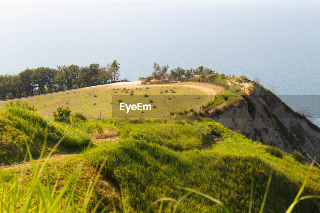 hill, plant, land, scenics - nature, landscape, environment, nature, green, beauty in nature, grass, tranquility, grassland, sky, rural area, tranquil scene, no people, water, field, tree, non-urban scene, day, sea, plateau, coast, rural scene, meadow, growth, outdoors, idyllic, travel destinations, travel, terrain, pasture, natural environment, architecture, plain, agriculture, tourism