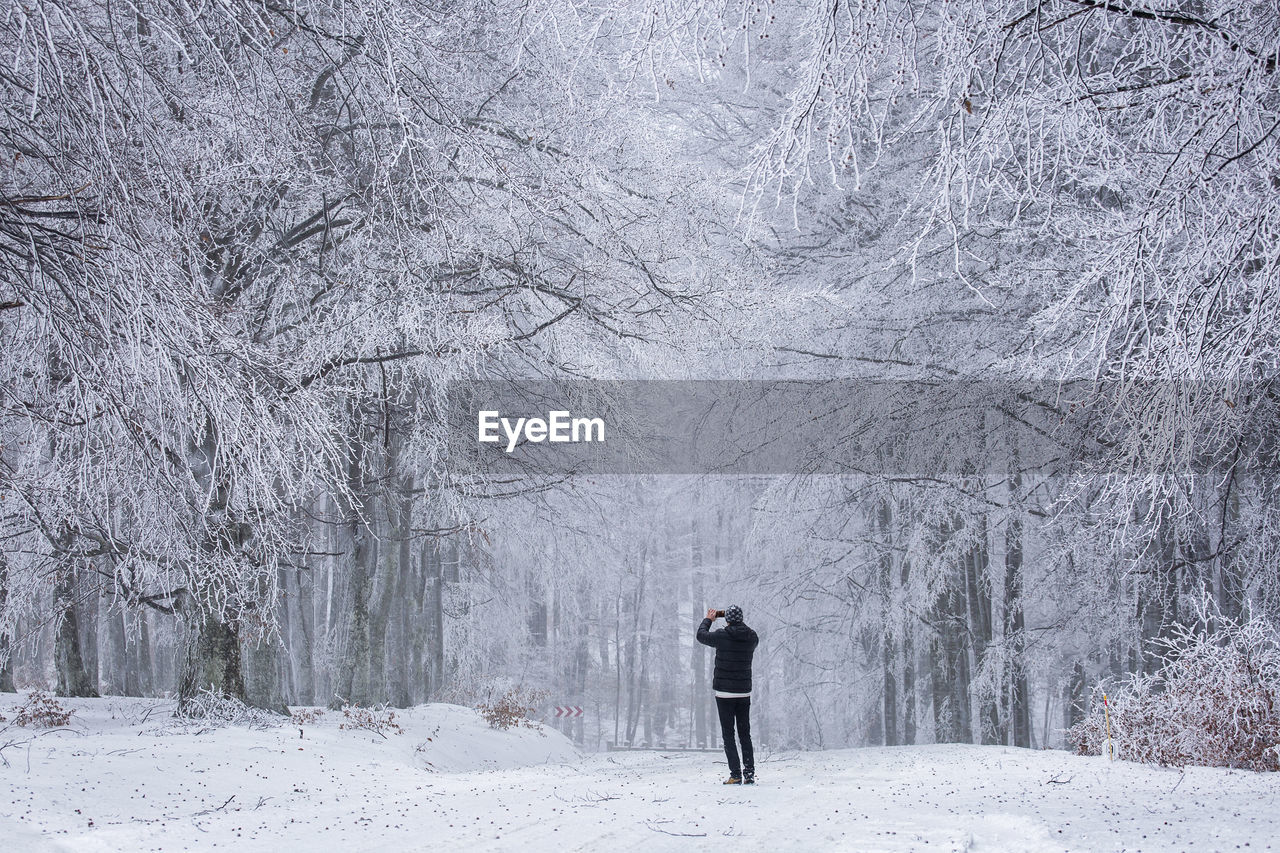 Rear view of person standing on snow covered land