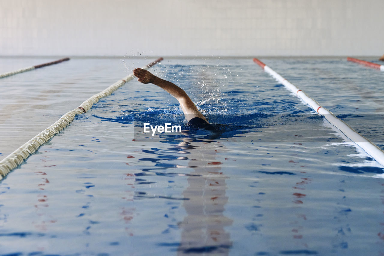 Anonymous male swimming in crawl style in pool during training