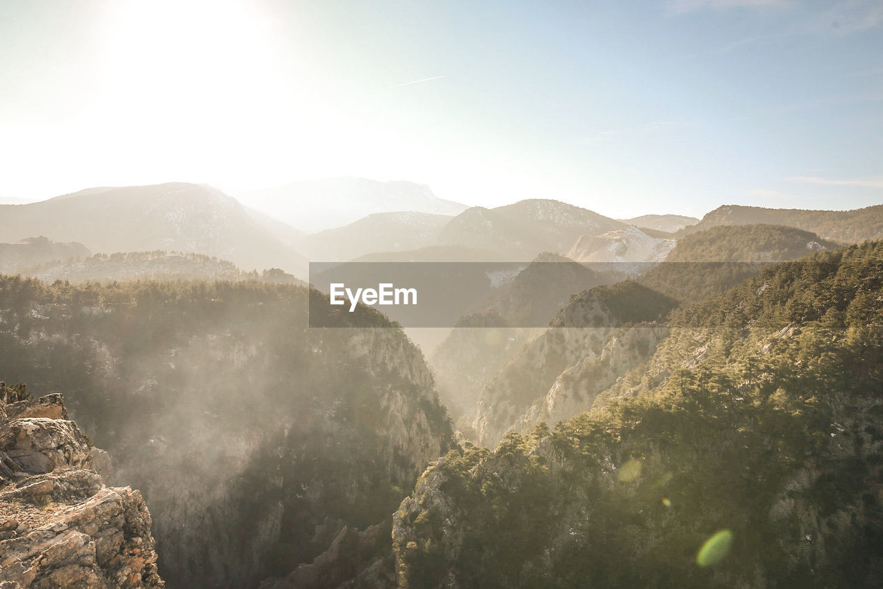 Panoramic view of mountains against clear sky