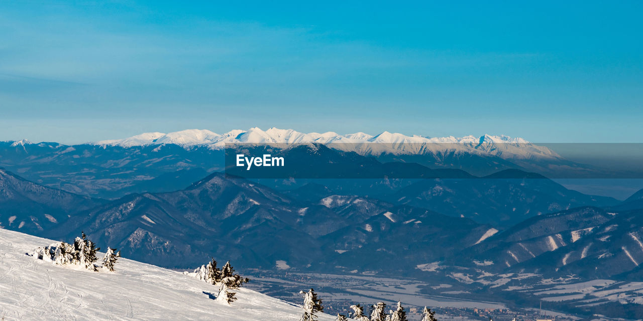 Scenic view of snowcapped mountains against sky