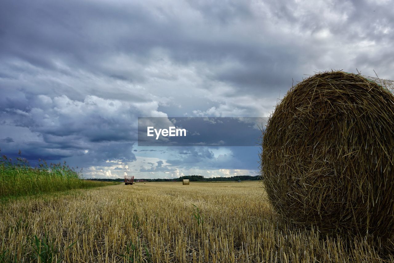 Hay bales on field against sky