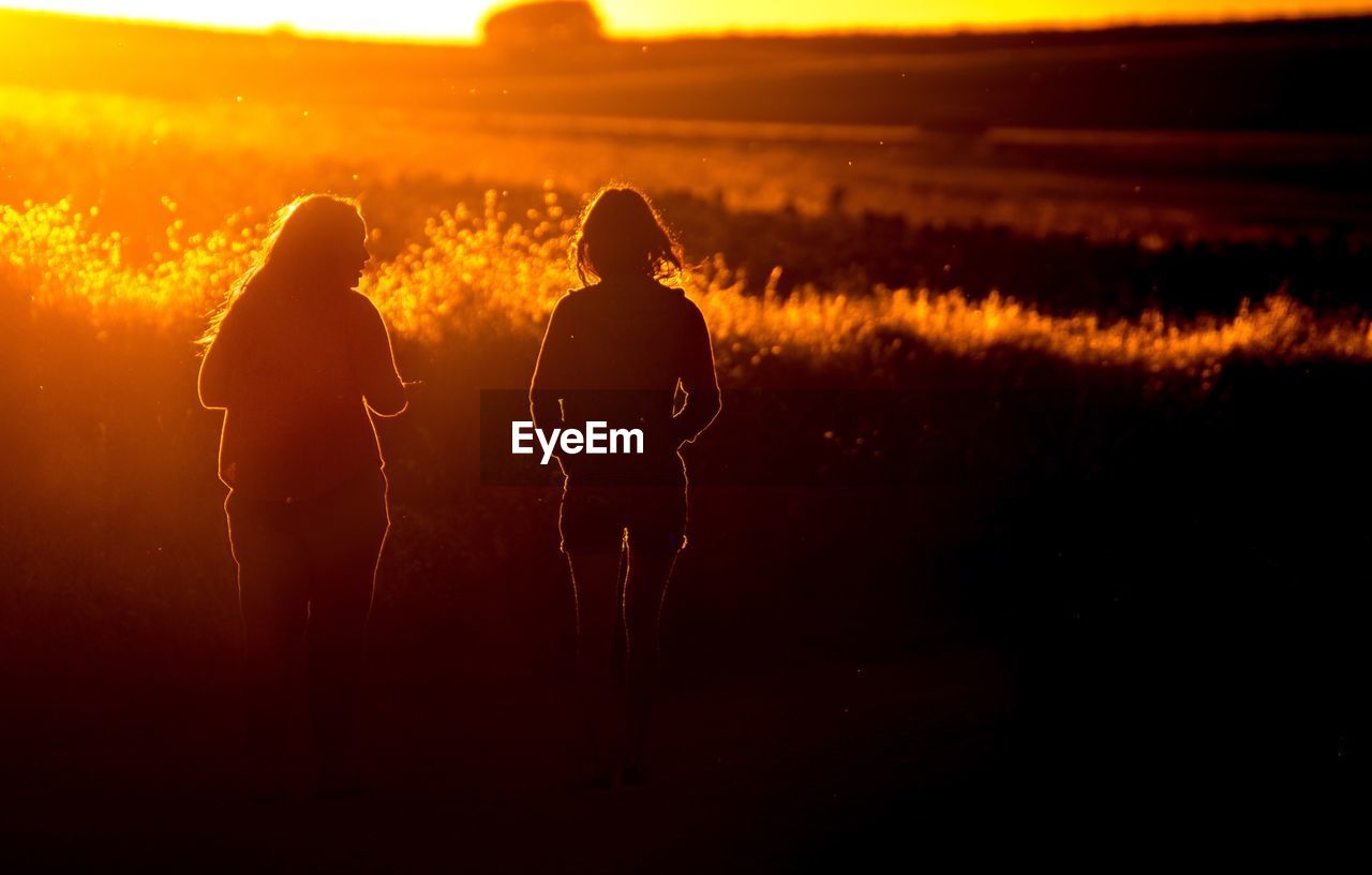 Silhouette women walking on field at sunset