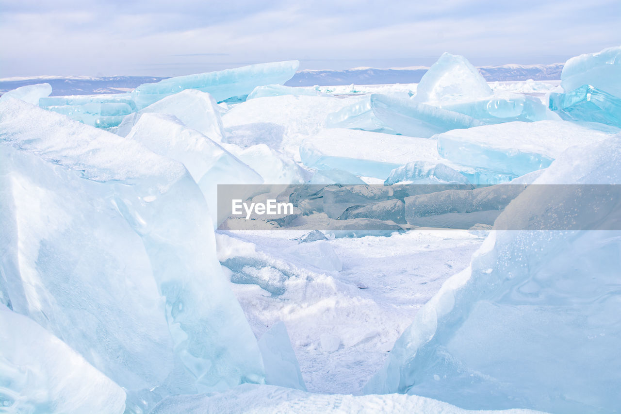 Aerial view of ice landscape against sky