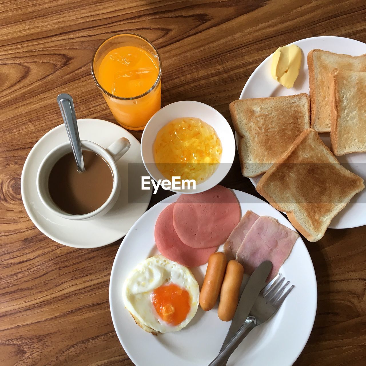 High angle view of breakfast served on table