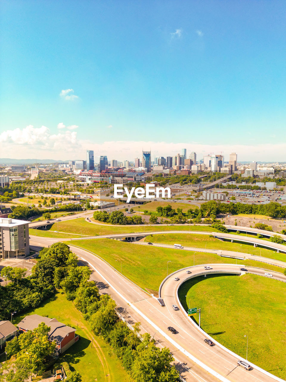 High angle view of nashville cityscape against clear blue sky