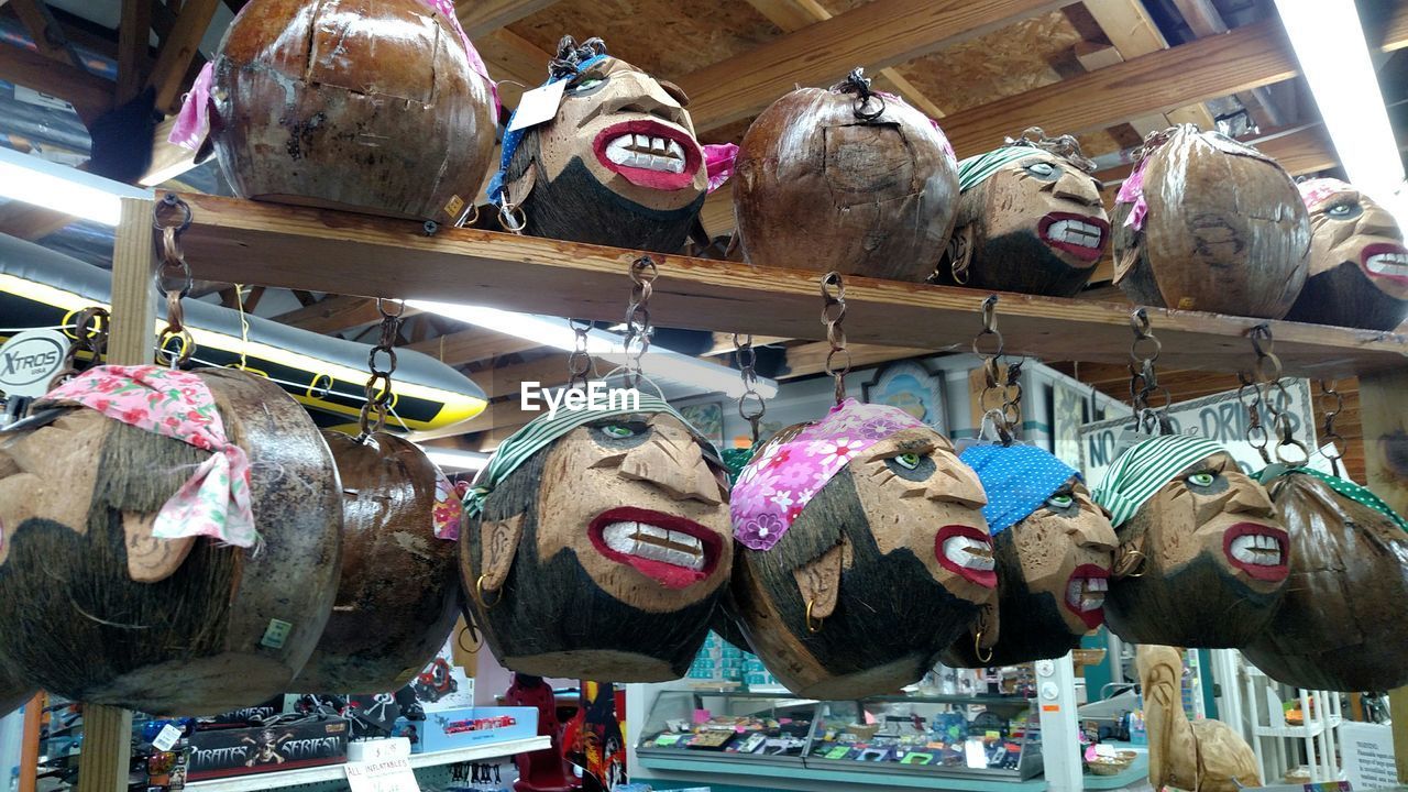 Low angle view of bizarre mask hanging on rack in store