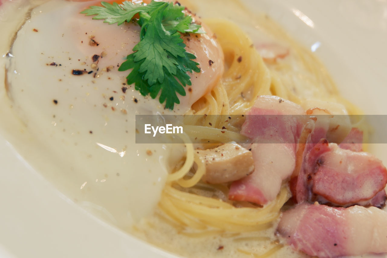 food, food and drink, carbonara, dish, freshness, italian food, pasta, healthy eating, cuisine, close-up, meat, herb, indoors, wellbeing, no people, plate, serving size, meal, garnish, vegetable, still life, spaghetti