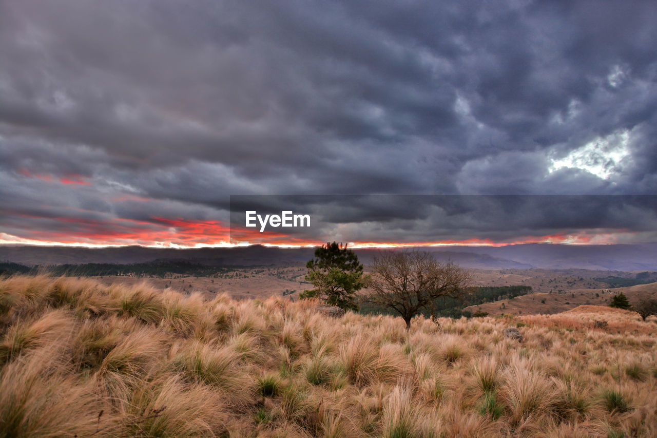 Scenic view of landscape against dramatic sky during sunset