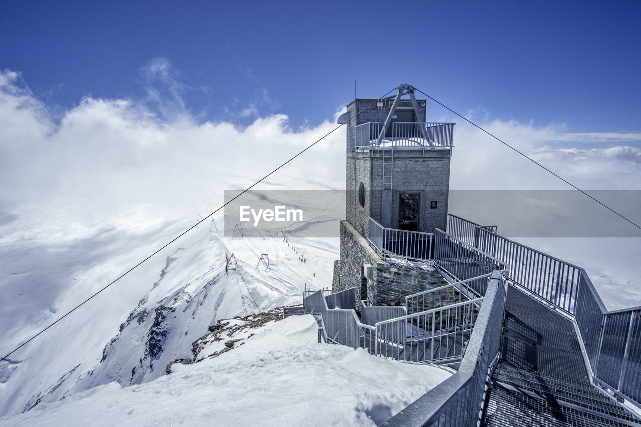 BUILT STRUCTURE ON SNOWCAPPED MOUNTAINS AGAINST SKY