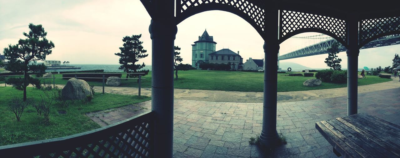 Castle viewed through gazebo