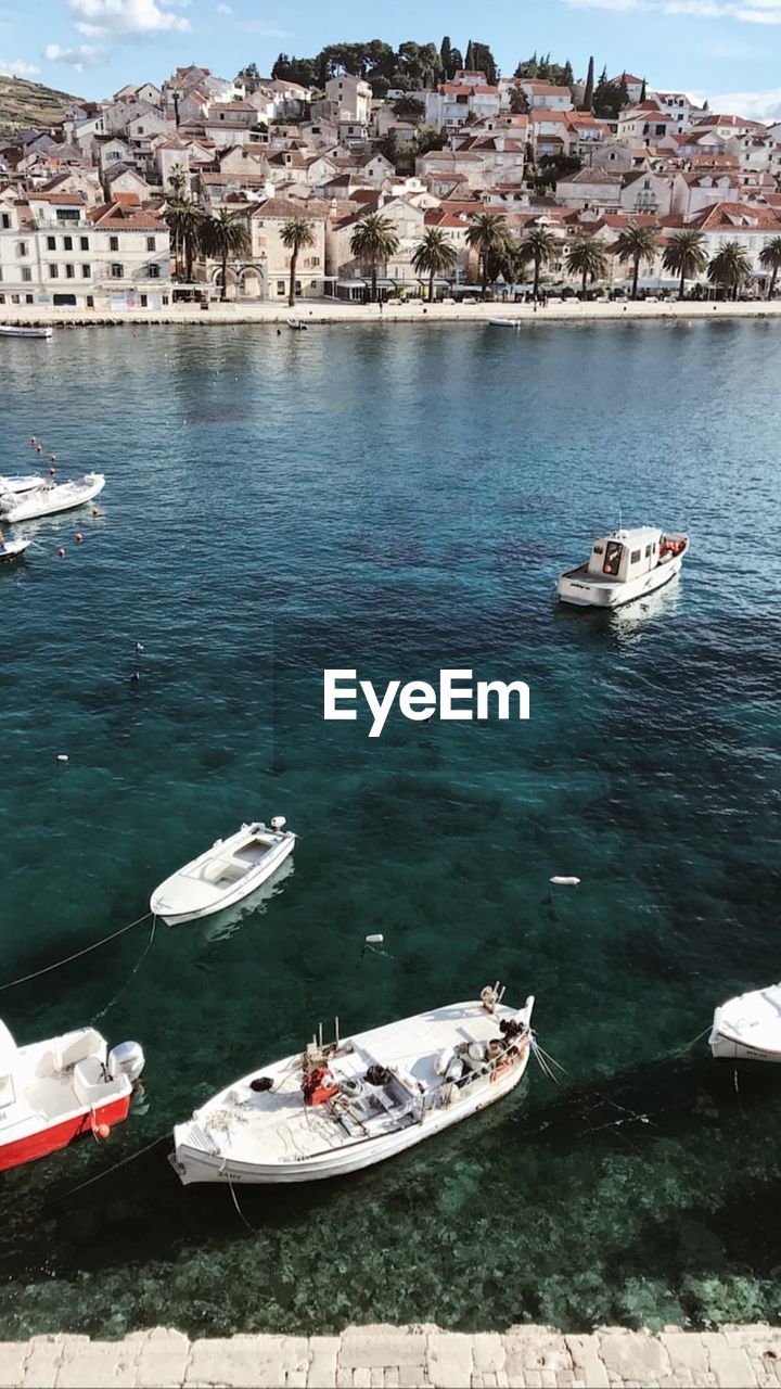 High angle view of boats moored in sea