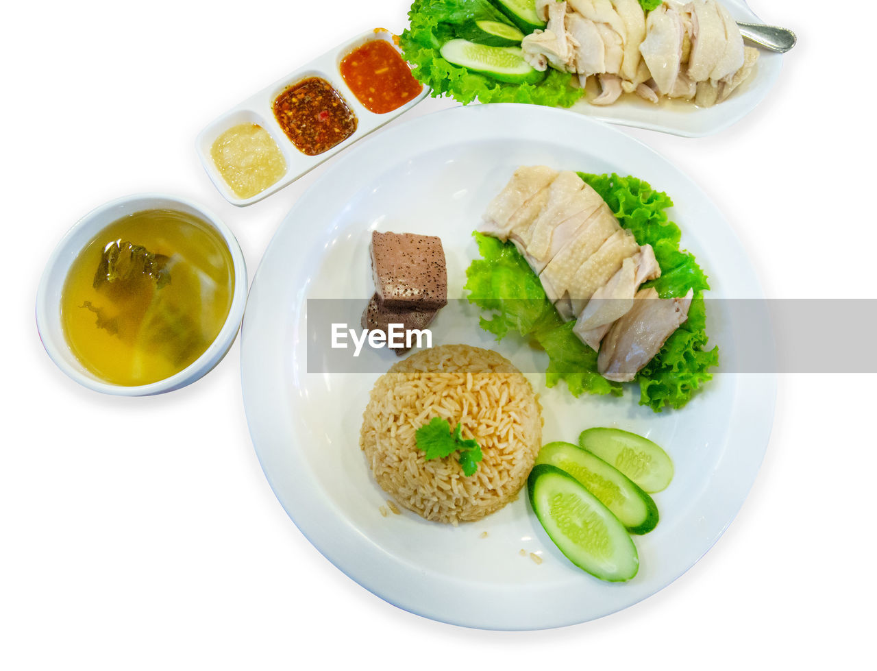 food, food and drink, healthy eating, vegetable, freshness, wellbeing, dish, plate, fish, cuisine, meal, fruit, seafood, produce, no people, meat, cucumber, indoors, white background, asian food, high angle view, studio shot, slice, lunch, rice - food staple, dinner, savory food, appetizer, serving size, sauce