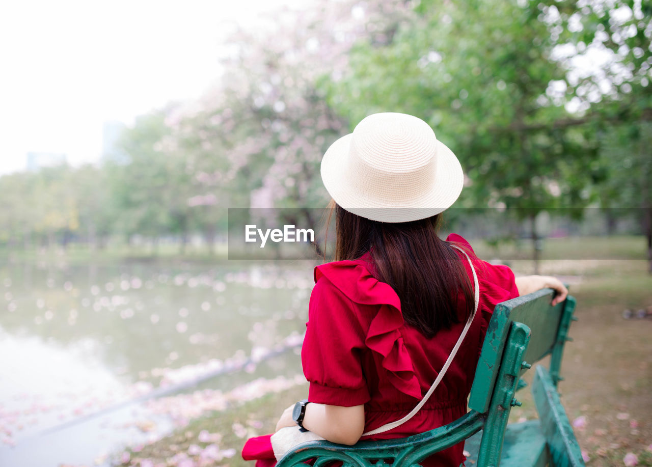 Rear view of woman wearing hat sitting on bench in park