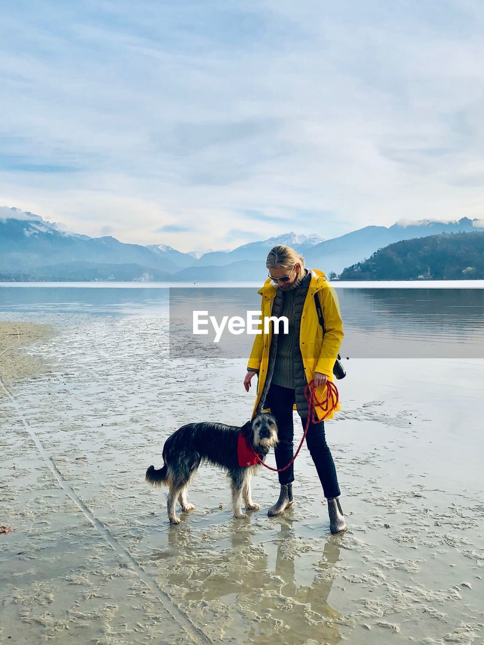 Full length of woman with dog standing at lake