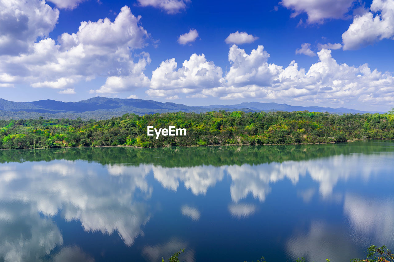 Lake with blue sky at the old lignite coal mine in phayao province, thailand.