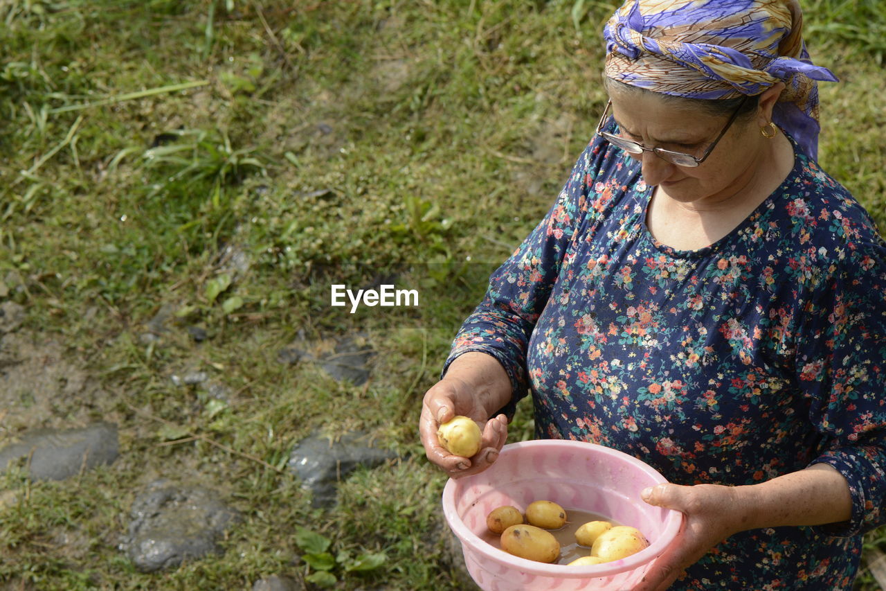 Woman holding potatoes in container on field