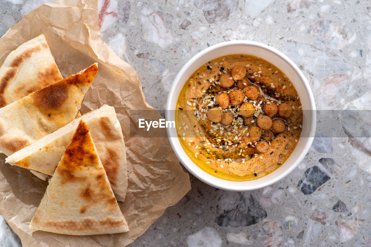 high angle view of food in bowl on table