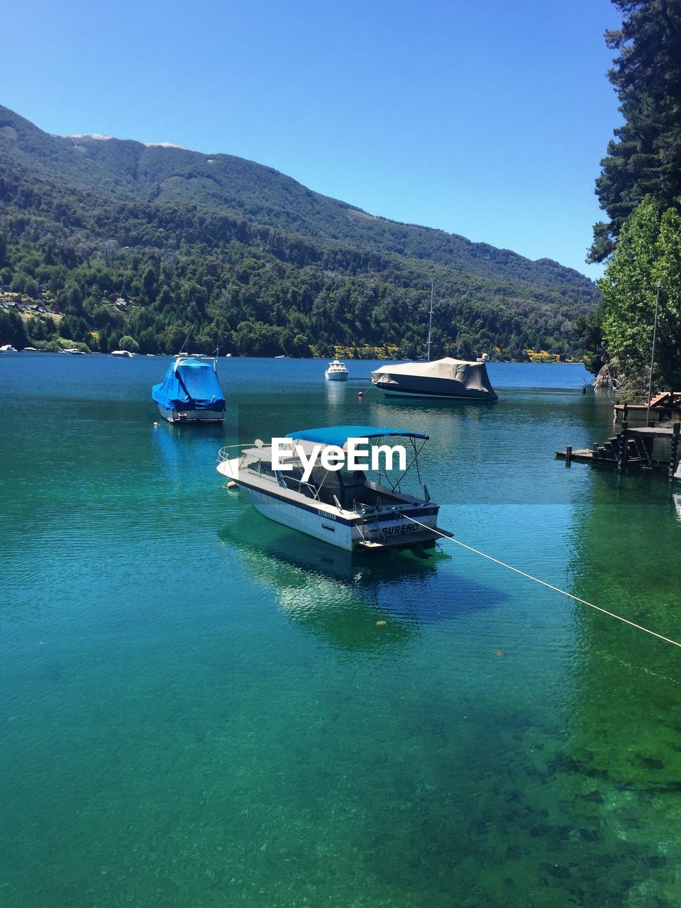 Boats moored in sea against clear blue sky