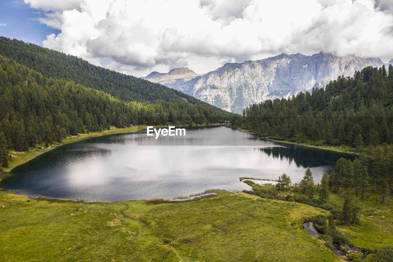 Scenic view of lake amidst trees against sky