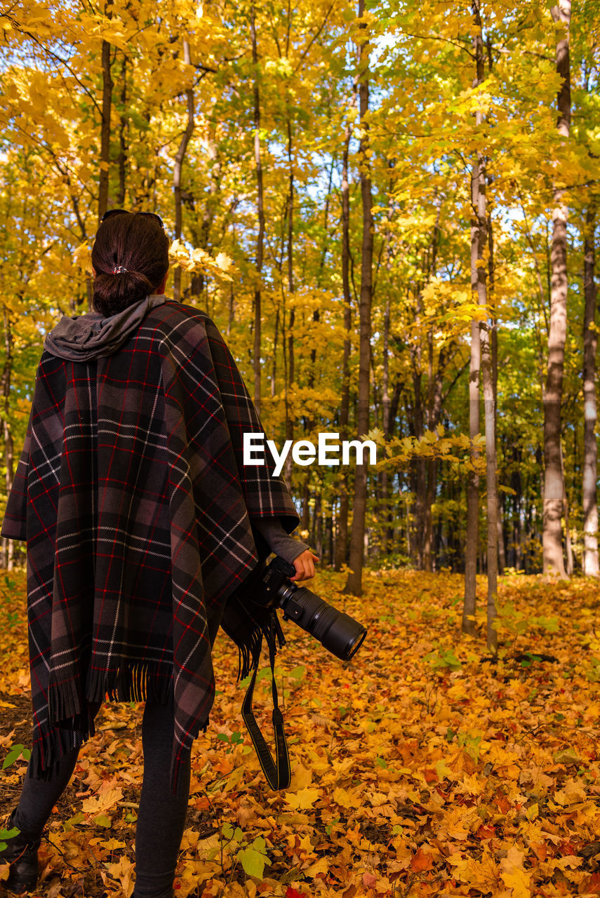 Rear view of woman holding digital camera while standing in forest during autumn