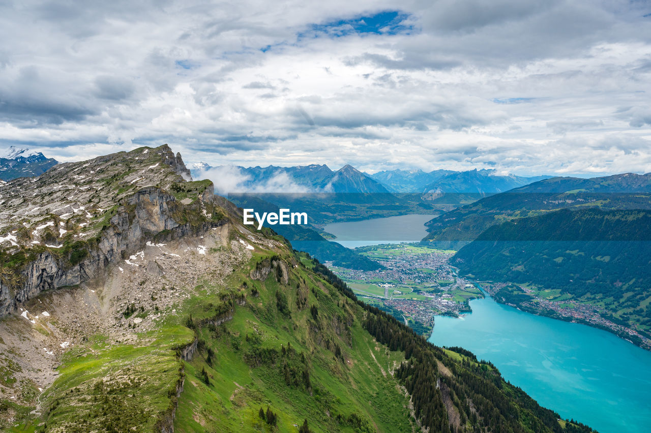 Scenic view of sea and mountains against sky