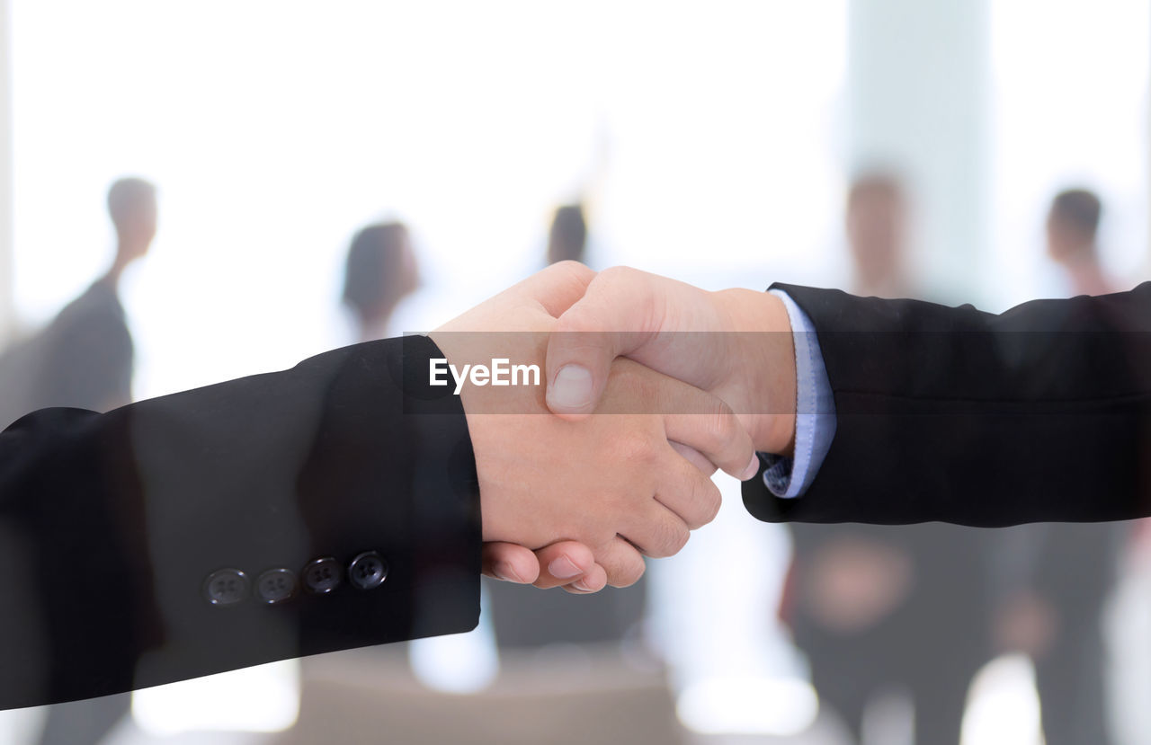 Cropped image of colleagues handshaking in office