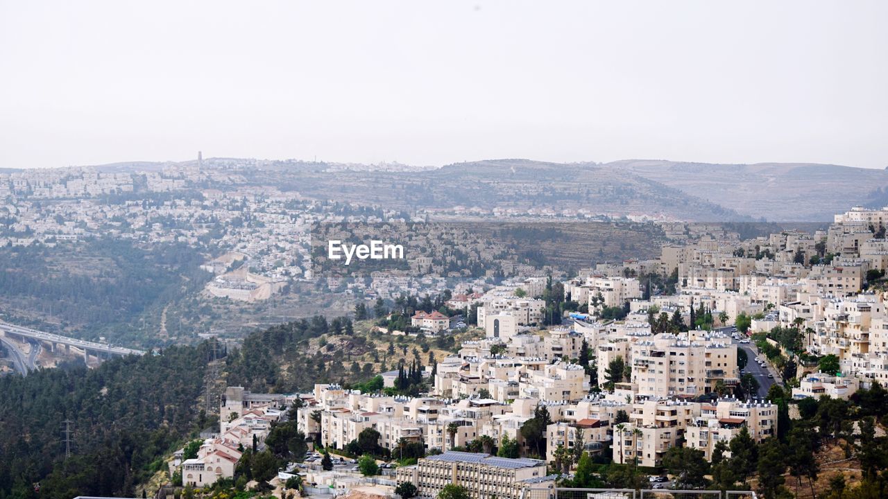 High angle view of cityscape against clear sky