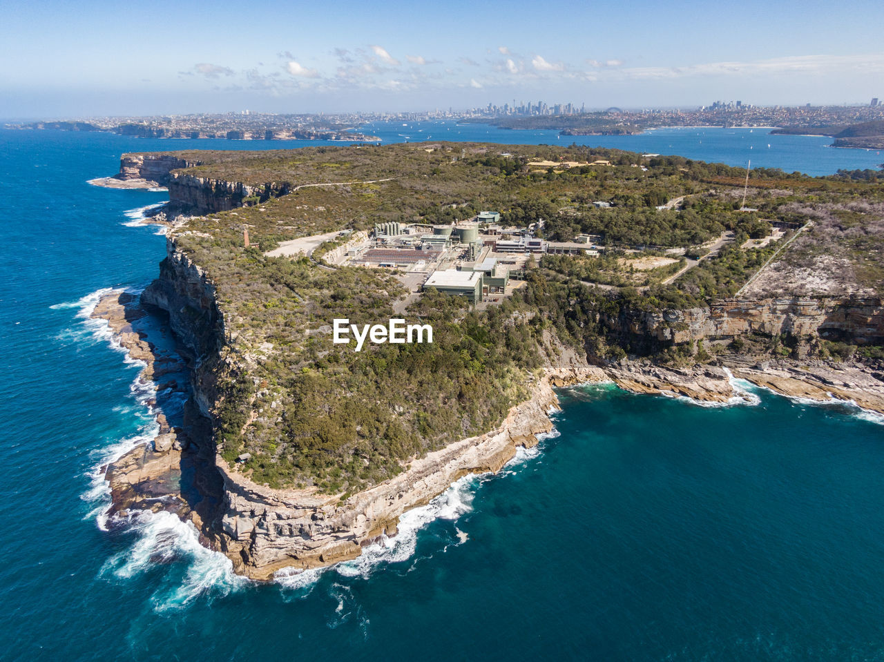 Drone view of north head in manly, sydney, nsw, australia. wastewater treatment plant in foreground