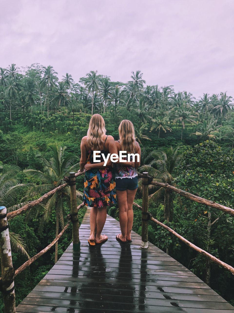 Rear view of friends on wet footbridge against sky