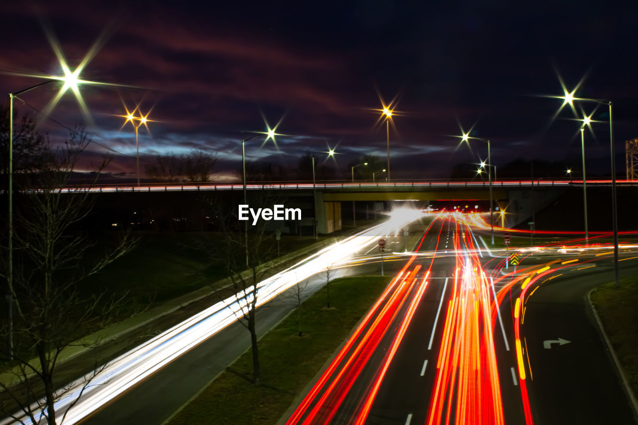 Light trails on road at night