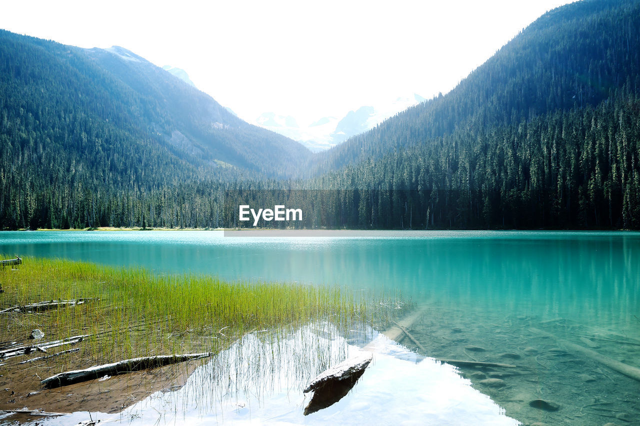 Scenic view of lake by mountains against sky