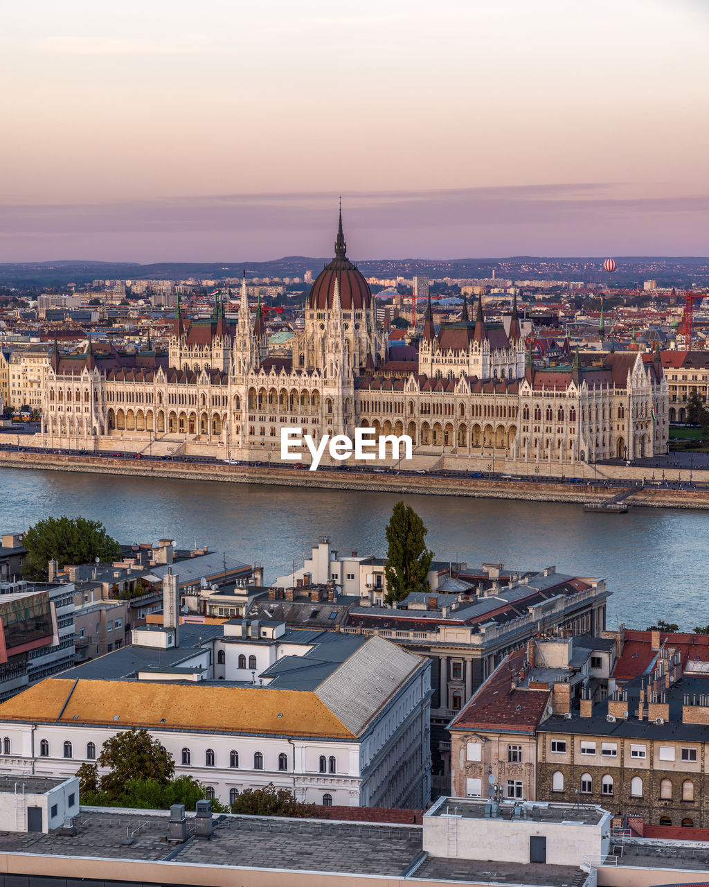 Beautiful panorama of the hungarian parliament building at the sunset from buda castle