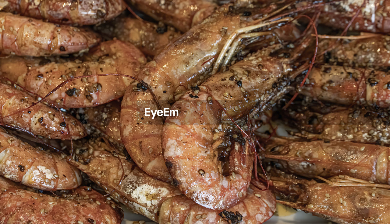 Grilled jumbo shrimp in asiatic spices on a white plate.