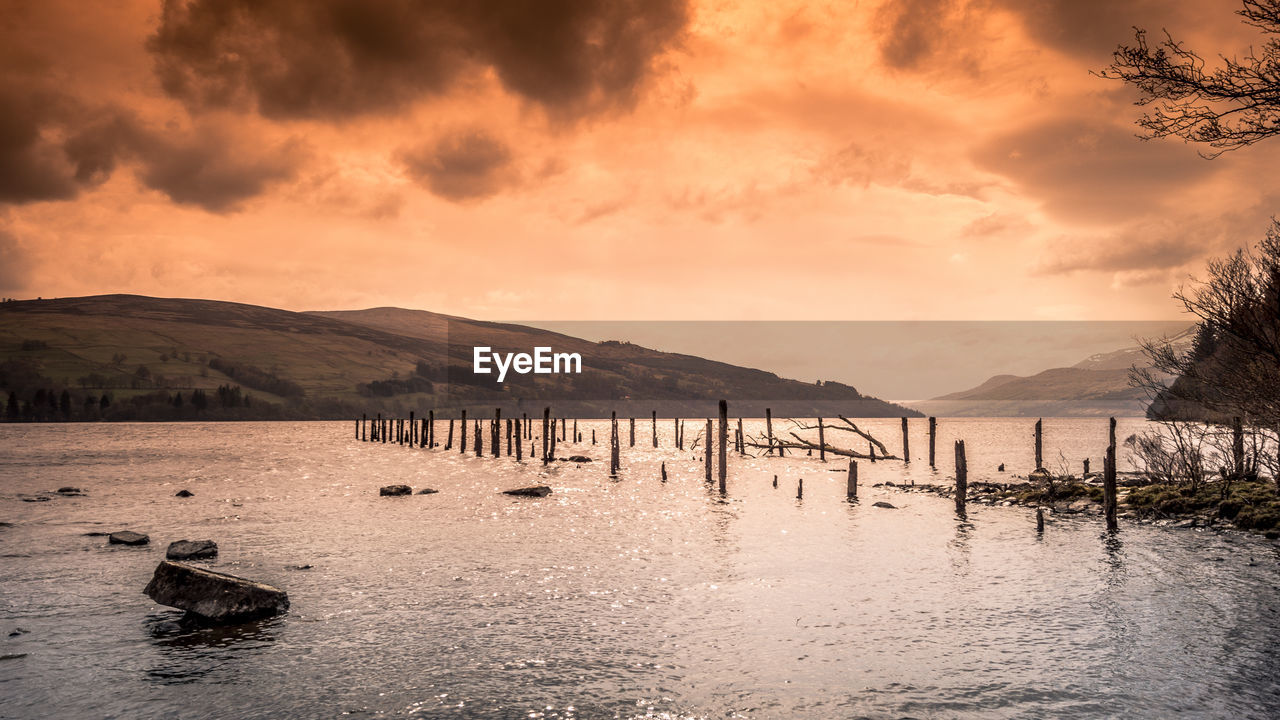 Scenic view of lake against sky during sunset