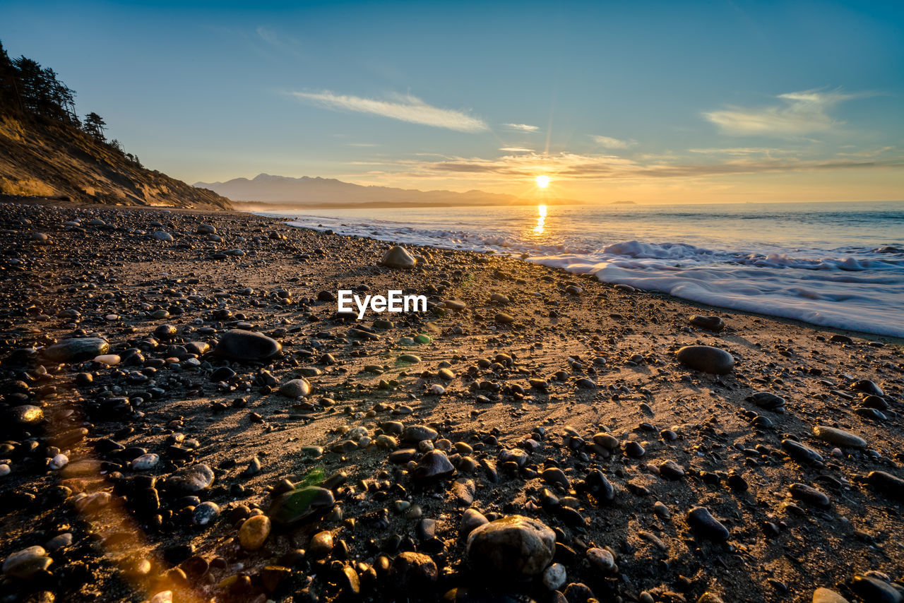 Scenic view of beach against sky during sunset