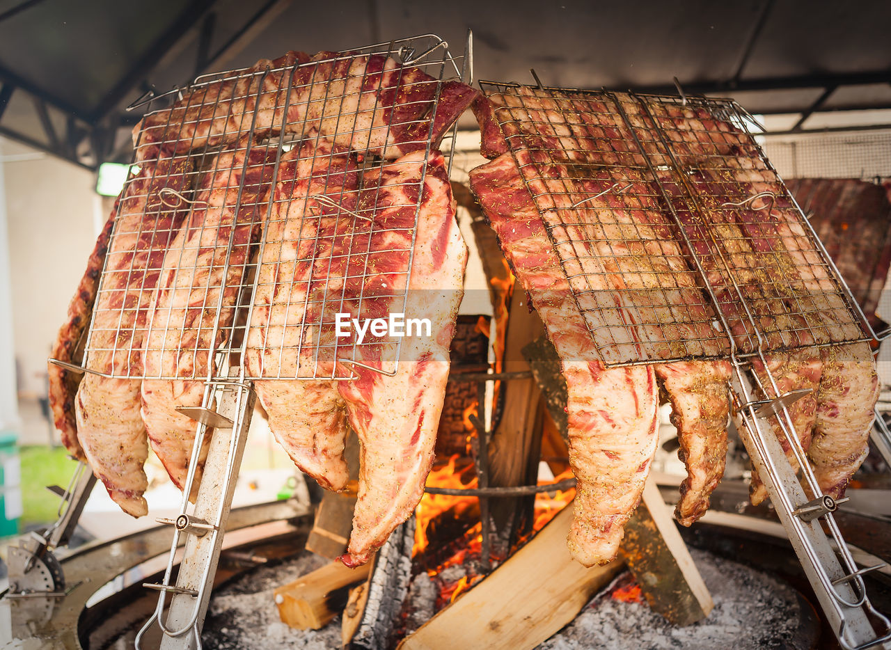 Close-up of meat on barbecue grill