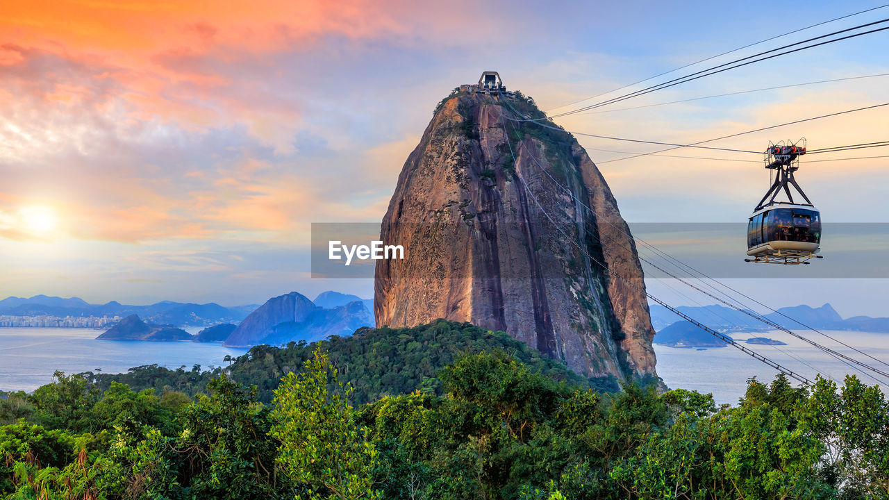 OVERHEAD CABLE CAR AGAINST MOUNTAINS