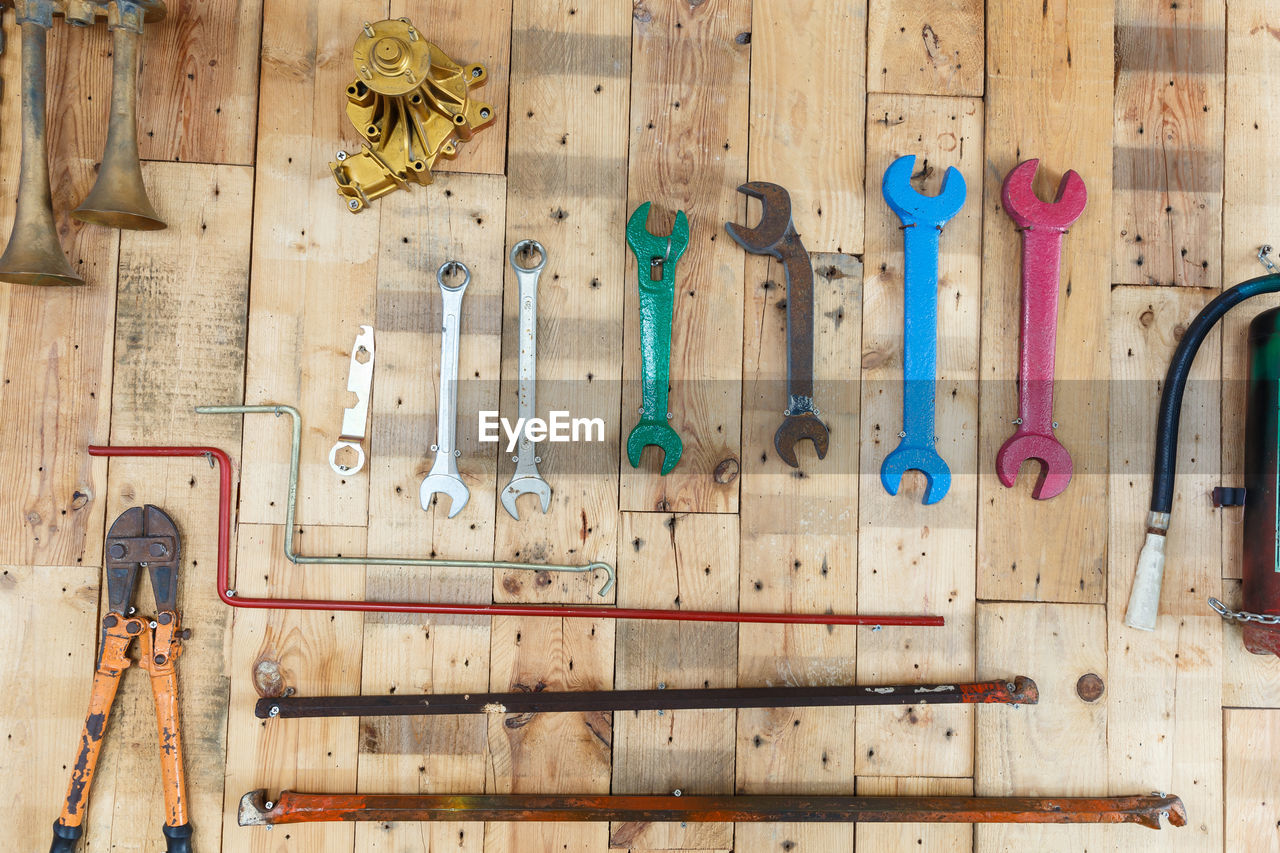 High angle view of work tools on table 