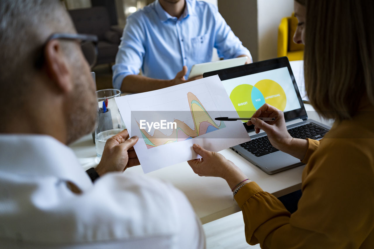 Businesswoman explaining progress report to businessman at office